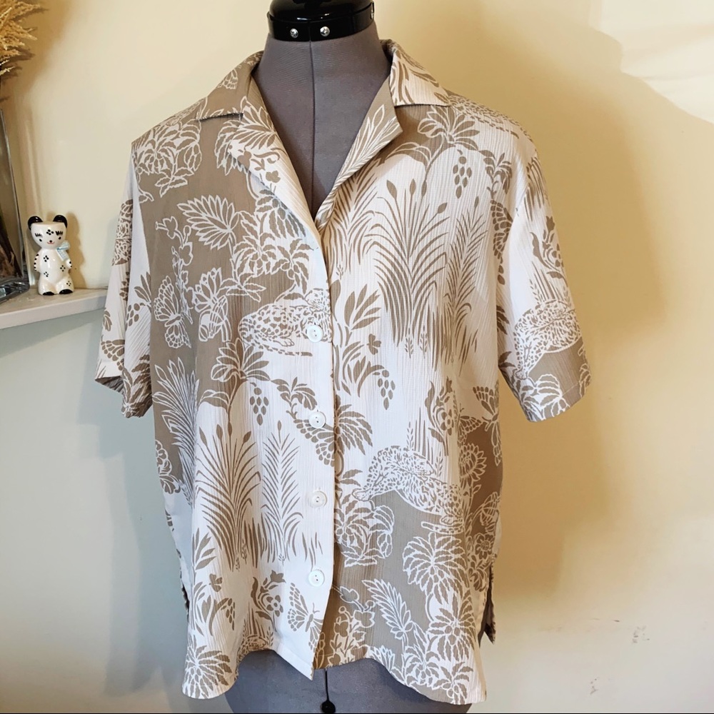 Vintage 90s Bonworth Leopard Tropical Print Granny Chic Blouse